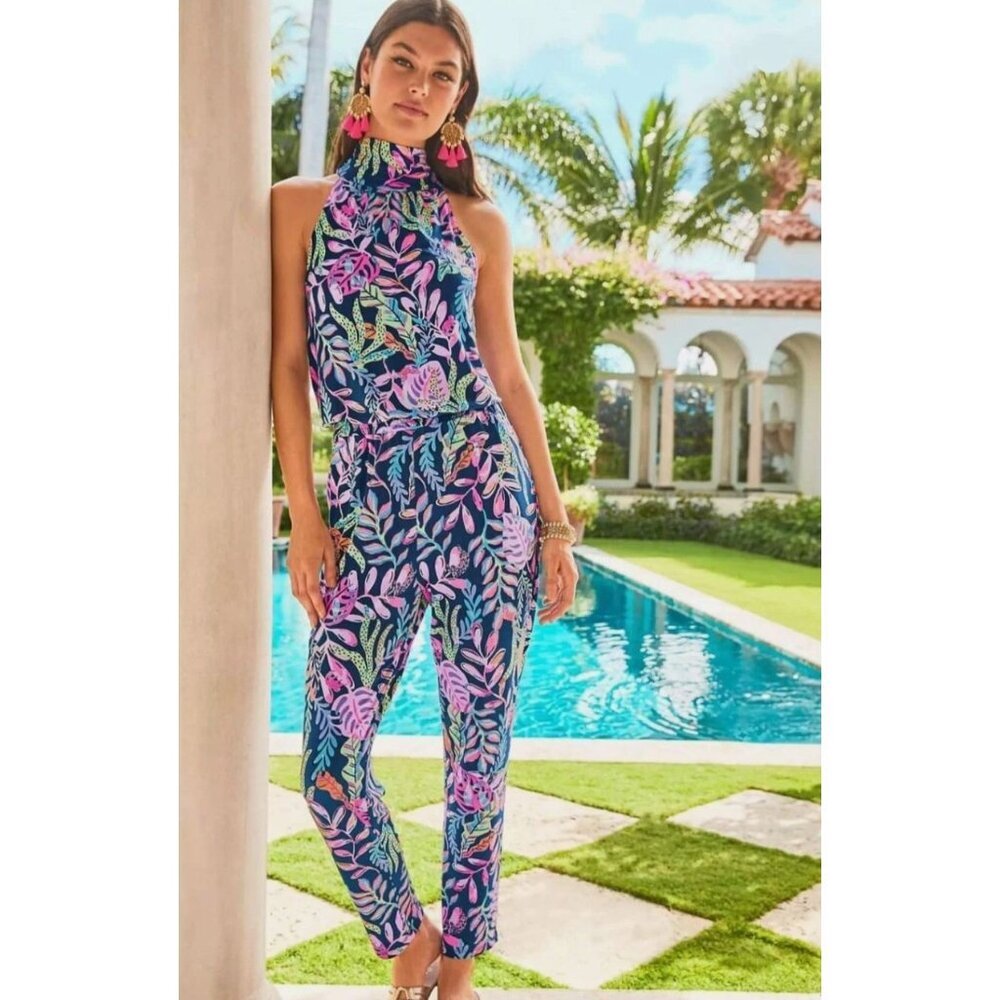 Lilly Pulitzer Navy Tropical Print Halter Jumpsuit with Pink & Green Accents